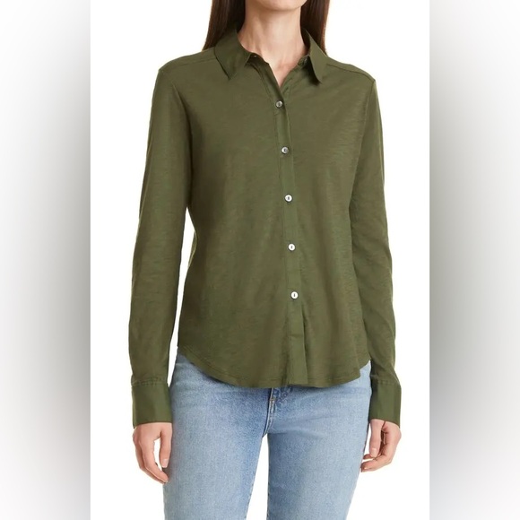 Theory Women’s Riduro Cotton Slub Long Sleeve Button-Up Shirt Green Small - Picture 1 of 16
